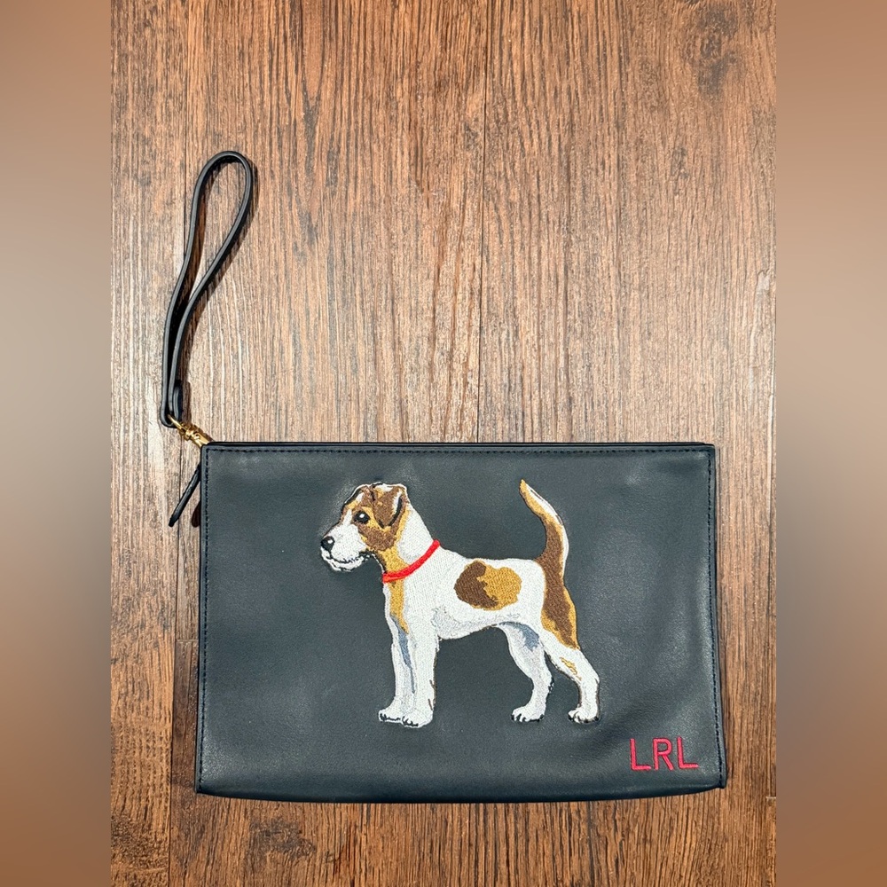 Lauren Ralph Lauren Leather Embroidered Pouch Wristlet Terrier Dog Embroidered
